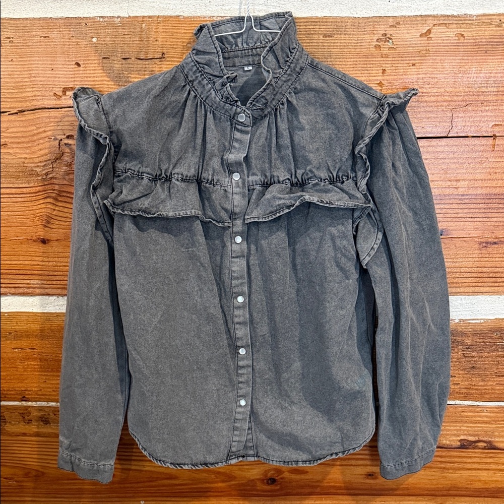Women's Ruffled Gray Denim Top
